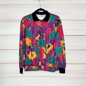 Vintage 80th VERA NEUMANN Colorful Polo Top Blouse Elastic Hem made in USA L